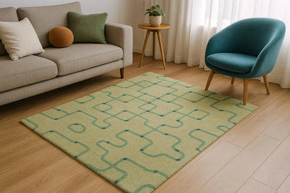 Modern Green Geometric Hand Tufted Wool Rug, Soft Abstract Area Carpet