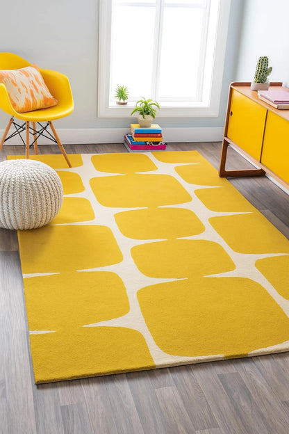 Yellow Geometric Rug Mid Century Modern – Hand Tufted Wool Area Rug
