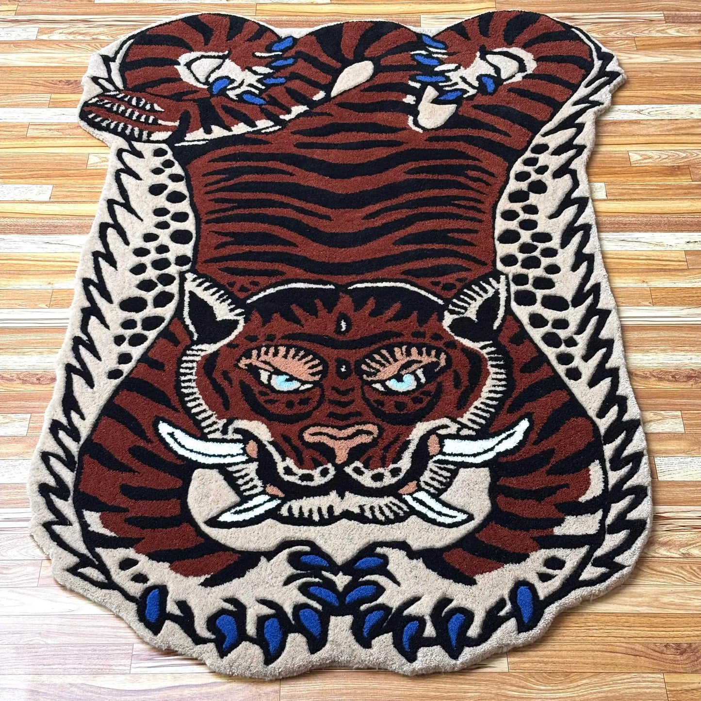 Hand Tufted Tibetan Blue Nail Tiger Wool Rug | Animal Motif Rug