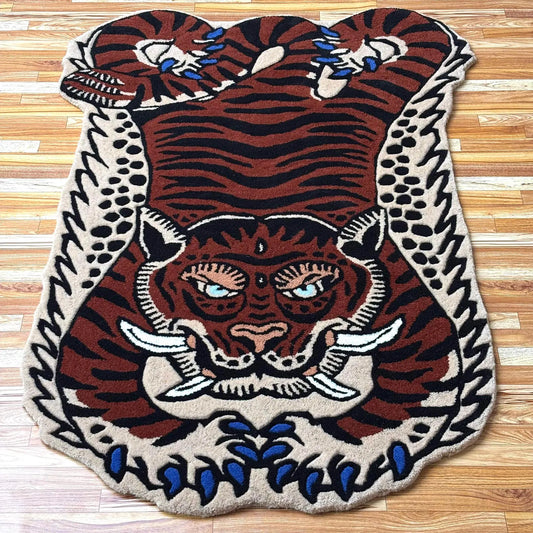 Hand Tufted Tibetan Blue Nail Tiger Wool Rug | Animal Motif Rug